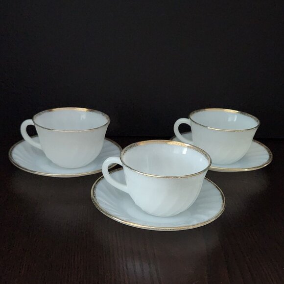 Vintage Fire King Milk Glass Swirl Coffee Cups & Saucers  w/ Gold Trim Set of 3 - Picture 1 of 7